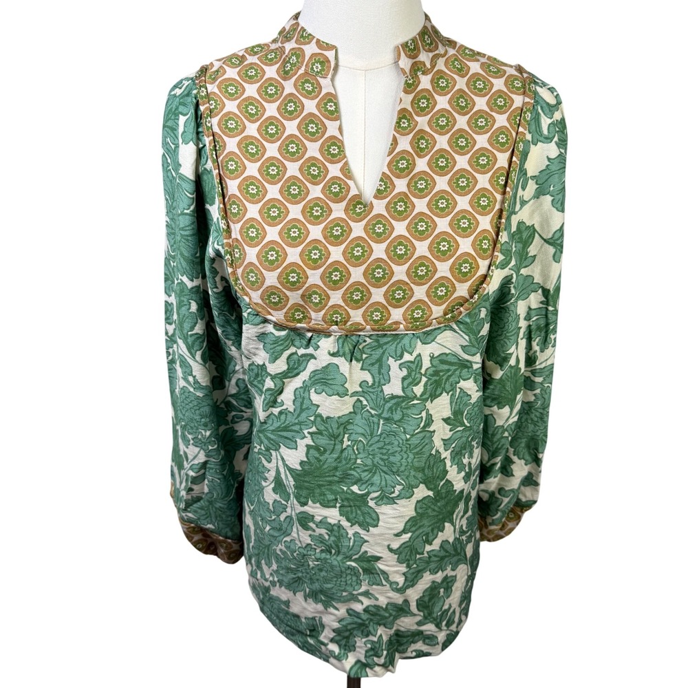 Umgee Blouse Womens Small Green Floral Mixed Print Boho Peasant 70s Aesthetic